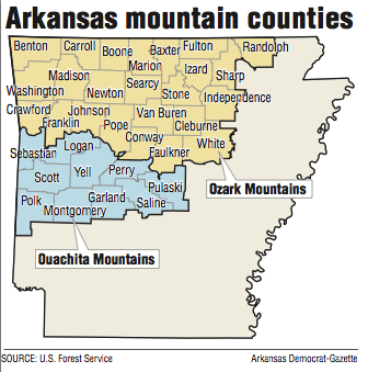 A map showing Arkansas mountain ranges.