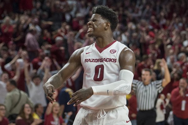 Arkansas guard Jaylen Barford celebrates during a game against Tennessee on Saturday, Dec. 30, 2017, in Fayetteville. 