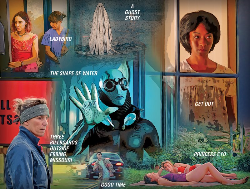 The year’s best films include performances (clockwise, from top left) by Saiorse Ronan (left) and Laurie Metcalf in Lady Bird; Casey Affleck (under the sheet) in A Ghost Story; Betty Gabriel in Get Out; Rebecca Spence (left) and Jessie Pinnick in Princess Cyd; Buddy Duress in Good Time; and Frances McDormand in Three Billboards Outside Ebbing, Missouri. At center is Doug Jones as The Asset in The Shape of Water.
