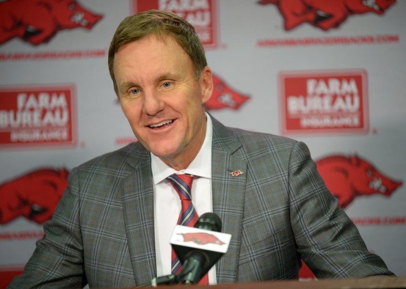 Arkansas coach Chad Morris speaks Wednesday, Dec. 20, 2017, during a press conference in the Fred Smith Football Center on the university campus in Fayetteville.