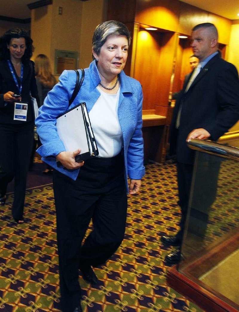 Former United States Secretary of Homeland Security Janet Napolitano leaves a private meeting with Arizona Gov. Jan Brewer at the annual meeting of the National Governors Association, Sunday, July 11, 2010, in Boston.