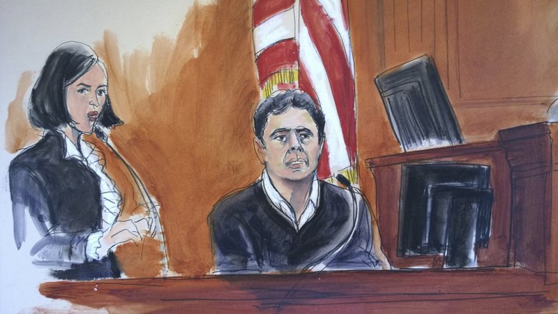 FILE- In this Dec. 15, 2017 courtroom artist's sketch, defendant Mehmet Atilla, right, testifies during his trial on corruption charges in New York. The Turkish banker accused of helping Iran evade U.S. sanctions has been convicted Wednesday, Jan. 3, 2018, by a jury in New York, after a trial that sowed distrust between the two nations. He was convicted of four conspiracy counts, including conspiracy to defraud the United States, plus one bank fraud count. He was acquitted of a money laundering charge. (Elizabeth Williams via AP, File)