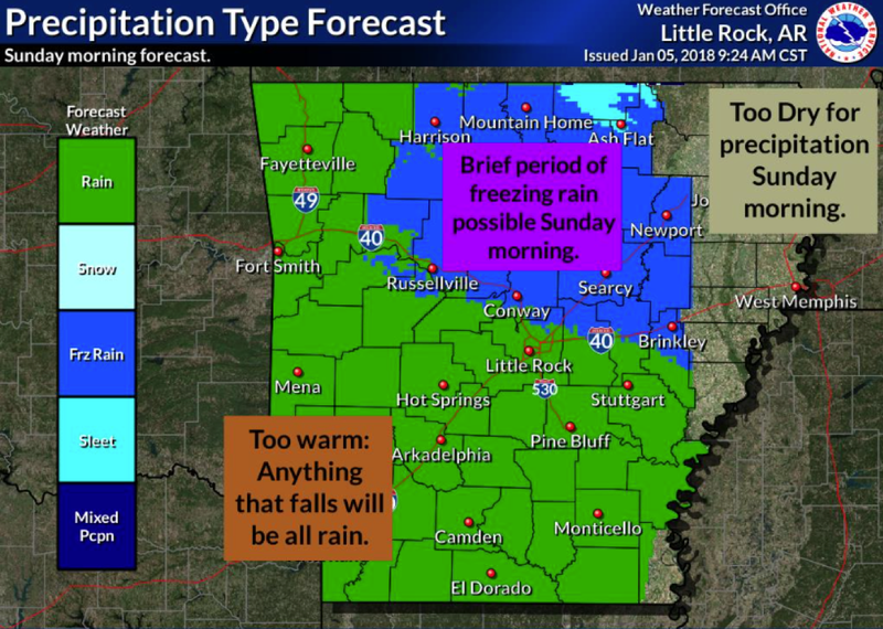 Portions of northern and north-central Arkansas could see a brief period of freezing rain on Sunday, Jan. 7, 2018, according to forecasters.