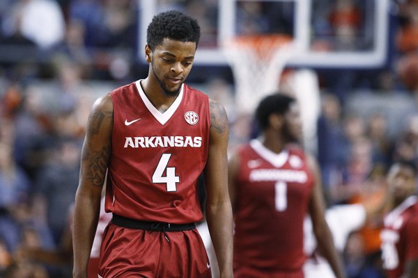 Arkansas guard Daryl Macon reacts to a play during the second half of the team's NCAA college basketball game against Auburn, Saturday, Jan. 6, 2018, in Auburn, Ala. (AP Photo/Brynn Anderson)

