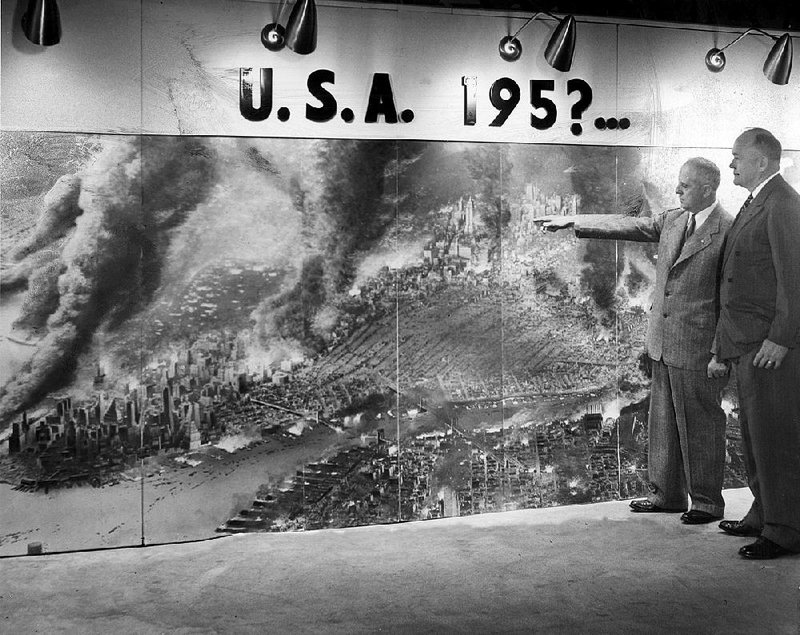 A Cold War-era civil defense exhibit from 1951 shows New York City in flames. 