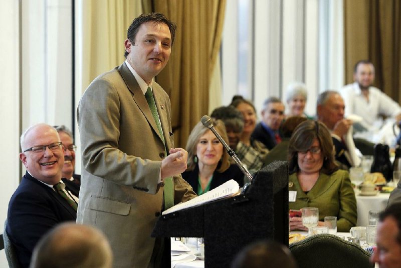 Arkansas House Speaker Rep. Jeremy Gillam, R-Judsonia, speaks at a meeting of the Political Animals Club in Little Rock, Ark., Tuesday, March 17, 2015. (AP Photo/Danny Johnston)