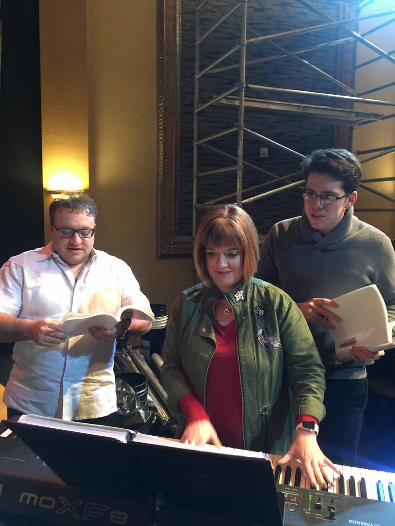 Tom Karounos as Max Bialystock, left, and Patrick Edmunds as Leo Bloom, right, begin rehearsals for the Arkansas Public Theatre production of “The Producers” with musical director/conductor Lisa Auten.