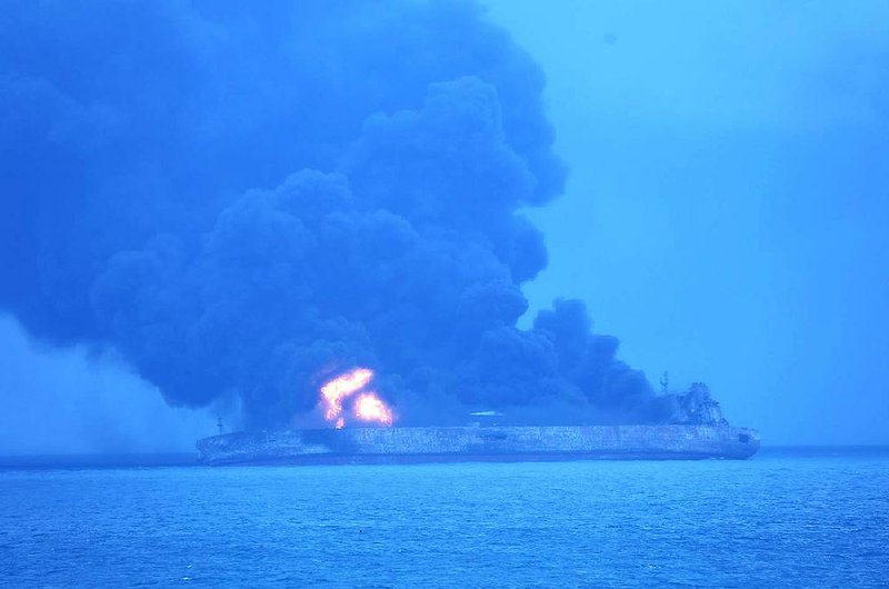 The Panama-registered tanker Sanchi is seen ablaze after a collision with a Hong Kong-registered freighter off China’s eastern coast Sunday.