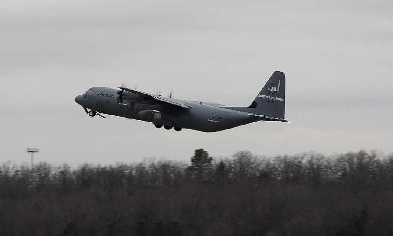 A C-130J takes off from Little Rock Air Force Base in Jacksonville for a deployment to Afghanistan on a Sunday morning in this Jan. 7, 2018 file photo. (Arkansas Democrat-Gazette/Thomas Metthe)