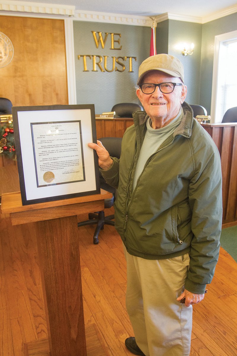 Victor Weber, operator of the Rialto Theater in Searcy, was honored by the city of Searcy, proclaiming Dec. 29 as Victor Weber Day. Weber took over the Rialto in early 1994 and ran it through the end of 2017, completing his more than 50 years in the movie-theater business.