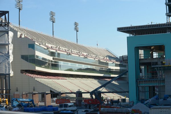 Construction continues Wednesday, Jan. 3, 2018, at Razorback Stadium on the University of Arkansas campus in Fayetteville.