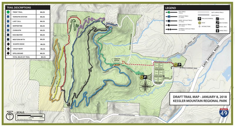 Trails shown at Kessler Mountain Regional Park in Fayetteville, with proposed names from city staff.