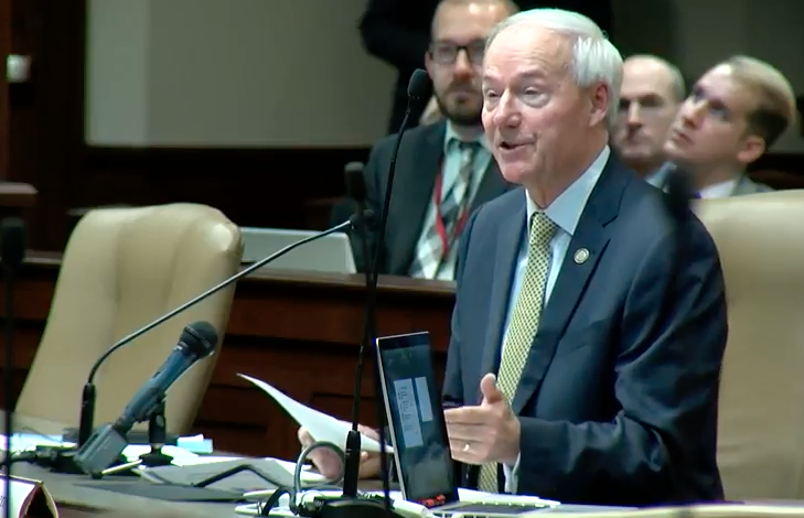 Gov. Asa Hutchinson on Tuesday presents his proposed fiscal 2019 budget in this screenshot from a live-stream of the hearing.