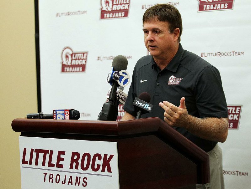 University of Arkansas at Little Rock women's basketball coach Joe Foley talks about the upcoming basketball season during the Trojans' media day on Thursday, Oct. 26, 2017, at UALR Jack Stephens Center in Little Rock. 