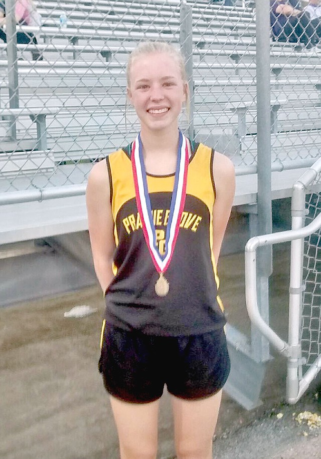 File Photo Prairie Grove's Beka Bostian won the 3200 meter state championship during the State 4A track and field meet held at Pocahontas May 2. She set the pace and her top rival, Gracie Hyde, of Lonoke, couldn't catch her at the finish. Bostian also won the Class 4A state cross country race Nov. 3 at Hot Springs.