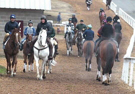 The Sentinel-Record/Richard Rasmussen ON THE MOVE: Horsemen travel to and from the track during morning training at Oaklawn Park on Tuesday. The 114th live meet is scheduled to kick off Friday with an early first post at 12:30 p.m.