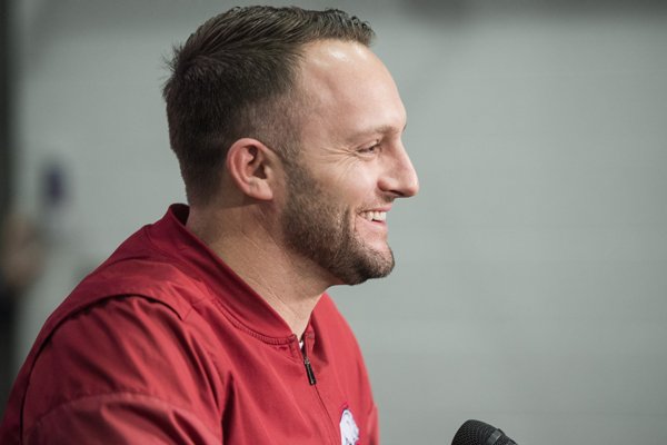 Arkansas offensive coordinator Joe Craddock speaks during a news conference Wednesday, Jan. 10, 2018, in Fayetteville. 