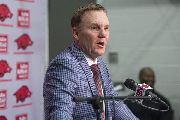 Arkansas coach Chad Morris speaks during a news conference Wednesday, Jan. 10, 2018, in Fayetteville. 