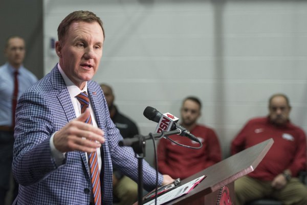 Arkansas coach Chad Morris speaks Wednesday, Jan. 10, 2018, during a press conference to introduce new assistant coaches at the Fred W. Smith Football Center in Fayetteville.