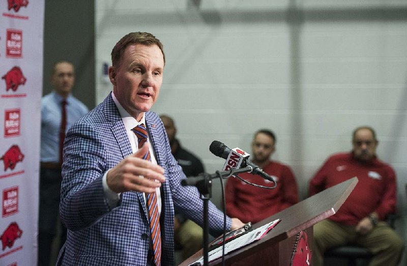 NWA Democrat-Gazette/BEN GOFF @NWABENGOFF
Chad Morris, Arkansas head coach, speaks Wednesday, Jan. 10, 2018, during a press conference to introduce new assistant coaches at the Fred W. Smith Football Center in Fayetteville. 