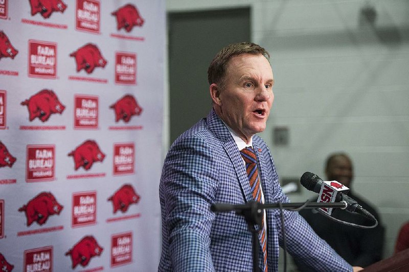 NWA Democrat-Gazette/BEN GOFF @NWABENGOFF
Chad Morris, Arkansas head coach, speaks Wednesday, Jan. 10, 2018, during a press conference to introduce new assistant coaches at the Fred W. Smith Football Center in Fayetteville. 