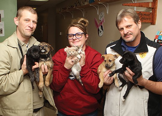 The Sentinel-Record/Richard Rasmussen ADOPTION DRIVE: Hot Springs Animal Services employees, from left, Roy Ashing, Michelle Stone and Eddie Fleming display some of the shelter's puppies and kittens that are available for adoption on Wednesday. The city is offering all animals at the shelter for a half-price adoption fee until Feb. 1.