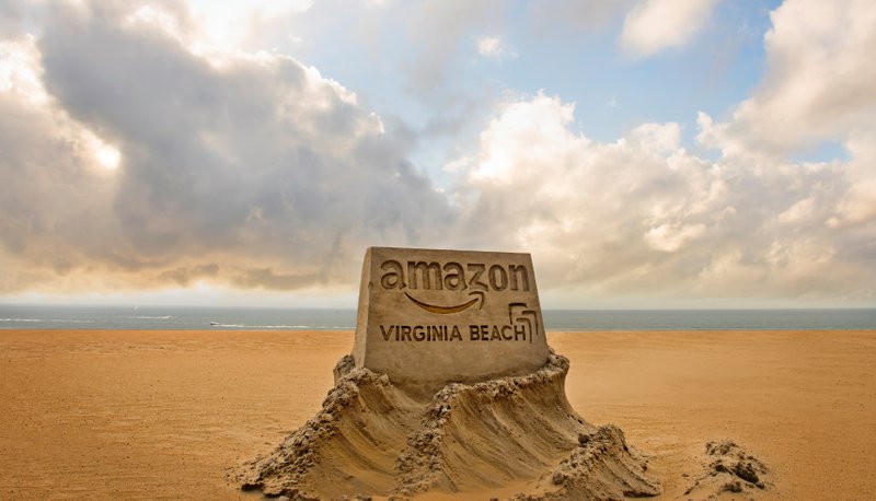This image provided by the City of Virginia Beach, Va., shows a sand sculpture the city is using to promote its application to become Amazon's second headquarters. (Courtesy of the City of Virginia Beach via AP)

