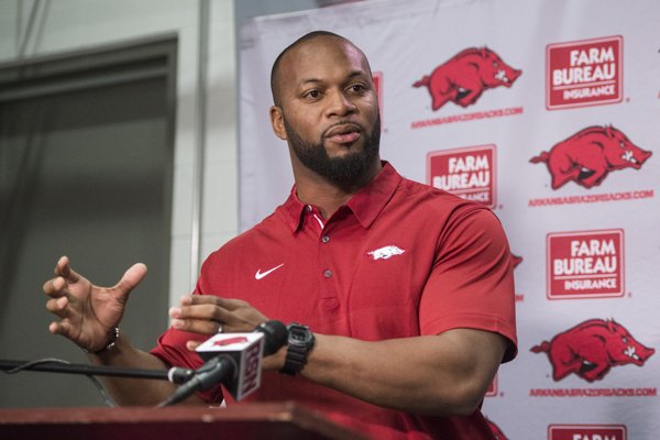 Arkansas strength and conditioning coach Trumain Carroll speaks during a news conference Wednesday, Jan. 10, 2018, in Fayetteville. 