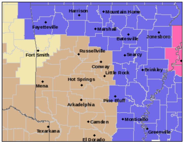 This National Weather Service graphic details in purple the counties set to go under a winter weather advisory Thursday night or Friday morning. The counties in pink — Mississippi and Crittenden — will go under a winter storm warning.