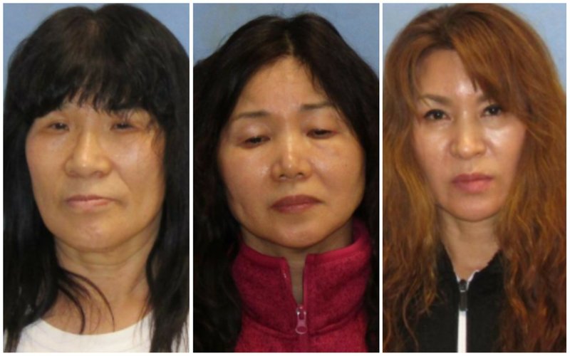 From left: Un Suk McKruit, Kim Kyung Soon, and Ji Ryang Yu are shown in these booking photos from the Pulaski County sheriff's office.