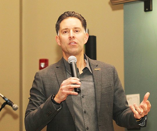 Matt Osborne, senior vice president for rescue and rehabilition for the Operation Underground Railroad, speaks to a group gathered for a conference addressing human trafficking at National Park Collge Thursday, Janaury 11, 2018. (The Sentinel-Record/Richard Rasmussen)