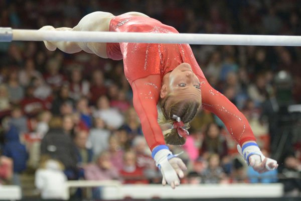 Arkansas' Sarah Shaffer competes Friday, Jan. 12, 2018, in the bars portion of the 11th-ranked Razorbacks' meet with sixth-ranked Kentucky in Barnhill Arena in Fayetteville. 