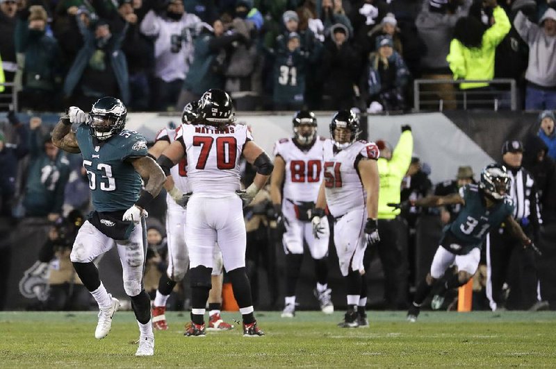 Philadelphia Eagles linebacker Nigel Bradham celebrates after the Eagles’ defensive stop in the final minute of Saturday’s victory over the Atlanta Falcons. 