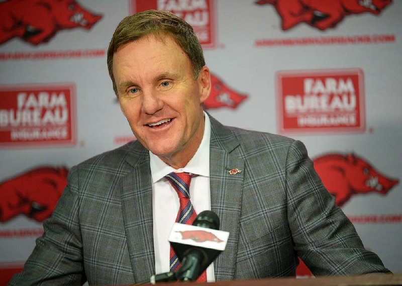 NWA Democrat-Gazette/ANDY SHUPE
Arkansas coach Chad Morris speaks Wednesday, Dec. 20, 2017, during a press conference in the Fred Smith Football Center on the university campus in Fayetteville.