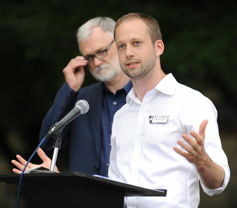 File Photo/ANDY SHUPE Martin Miller (right), executive director of TheaterSquared, and Robert Ford, artistic director, are excited about what's coming in 2018 for the Fayetteville professional company.