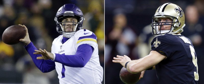 FILE - At left, in a Dec. 23, 2017, file photo, Minnesota Vikings' Case Keenum throws during the first half of an NFL football game against the Green Bay Packers, in Green Bay, Wis. At right, in a Dec. 24, 2017, file photo, New Orleans Saints quarterback Drew Brees (9) drops back to pass in the first half of an NFL football game against the Atlanta Falcons, in New Orleans. The Saints and Vikiungs plays in a divisional playoff game on Sunday, Jan. 14 in Minneapolis. (AP Photo/Butch Dill, File)