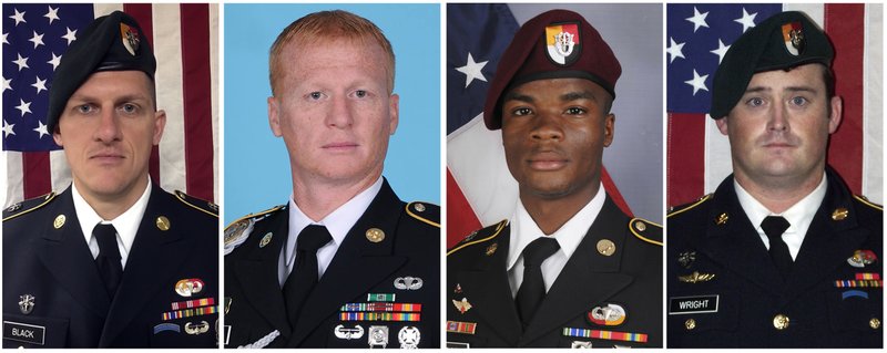 FILE - These images provided by the U.S. Army show, from left, Staff Sgt. Bryan C. Black, 35, of Puyallup, Wash.; Staff Sgt. Jeremiah W. Johnson, 39, of Springboro, Ohio; Sgt. La David Johnson of Miami Gardens, Fla.; and Staff Sgt. Dustin M. Wright, 29, of Lyons, Ga. All four were killed in Niger, when a joint patrol of American and Niger forces was ambushed on Oct. 4, 2017, by militants believed linked to the Islamic State group. The Mauritanian Nouakchott News Agency reported Friday, Jan. 12, 2018 that Abu al-Walid al-Sahrawi with the self-professed IS affiliate claimed responsibility for the Oct. 4 ambush about 120 miles (200 kilometers) north of Niger's capital, Niamey. (U.S. Army via AP)