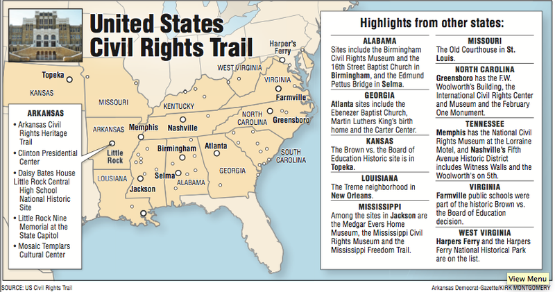 A map showing The United States Civil Rights Trail