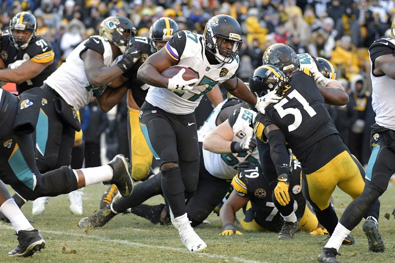 Associated Press RELENTLESS: Jacksonville Jaguars running back Leonard Fournette (27) ran for 109 yards and three touchdowns against the Steelers in the NFL divisional playoffs Sunday in Pittsburgh to set up a showdown with the New England Patriots in the AFC championship game.