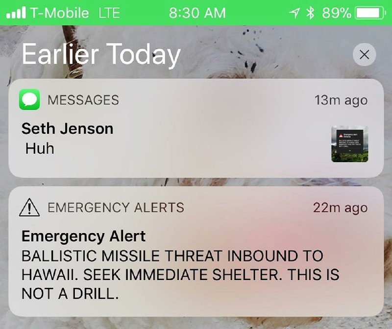 This smartphone screen capture shows a false emergency alert sent from the Hawaii Emergency Management Agency system on Saturday regarding an incoming ballistic missile.