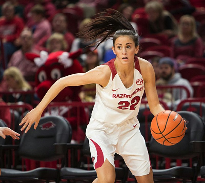 Submitted photo WINNING WONDER: Wonderview's Bailey Zimmerman (22) knocked down three 3-pointers at Auburn on Sunday and finished with a season-best 13 points as Arkansas earned a 68-58 SEC road win. Zimmerman's 11 first-half points helped Arkansas jump out to a 41-17 lead after the first 20 minutes. Photo by Walt Beazley, courtesy of Razorback Athletics Communications.