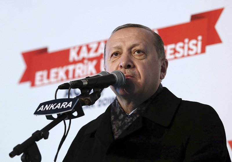 Turkey's President Recep Tayyip Erdogan speaks at an event in Ankara, Turkey, Monday, Jan. 15, 2018.  Erdogan accused its NATO ally, the United States of forming a &quot;terrorist force&quot; at Turkey's border, and vowed to &quot;drown&quot; the new 30,000-strong border security force. (Yasin Bulbul/Pool Photo via AP )