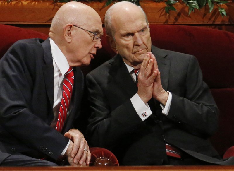 AP File Photo/Rick Bowmer - In this Sept. 30, 2017, file photo, Dallin H. Oaks, left, and Russell M. Nelson, members of a top governing body called the Quorum of the Twelve Apostles of The Church of Jesus Christ of Latter-day Saints, talk during the two-day Mormon church conference in Salt Lake City. Nelson has been officially named the faith's president on Tuesday, Jan. 16, 2018.