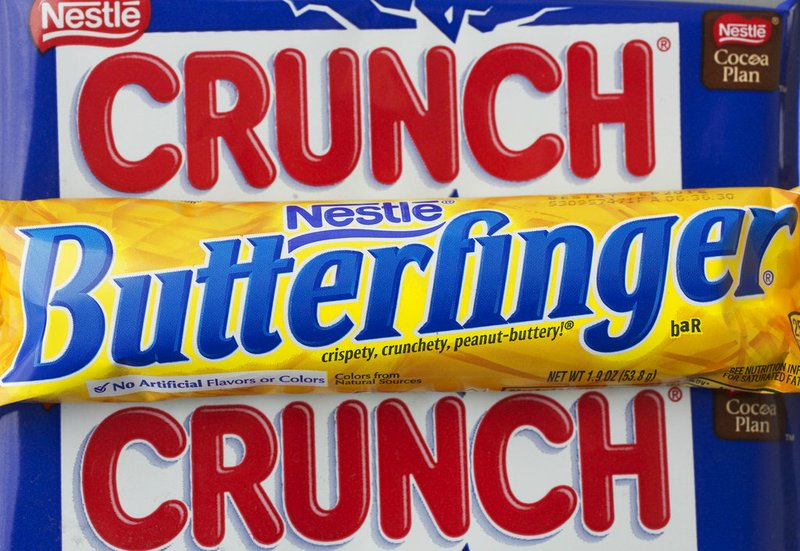  In this Wednesday, June 1, 2016, file photo, Nestle Butterfinger and Crunch candy bars are arranged for a photo, in New York.