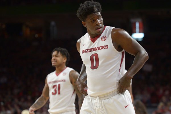 Arkansas guards Jaylen Barford (0) and Anton Beard (31) take the floor prior to a game against Missouri on Saturday, Jan. 13, 2018, in Fayetteville. 