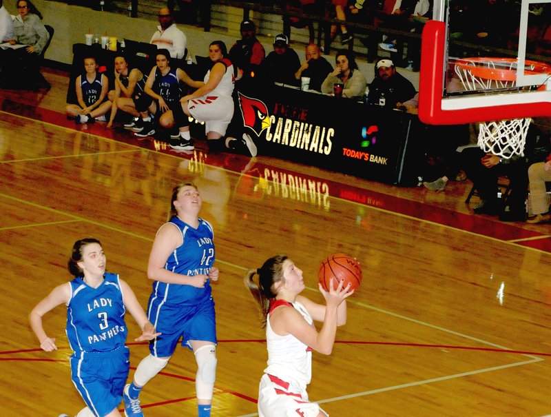MARK HUMPHREY ENTERPRISE-LEADER Farmington junior Alexis Roach beats Greenbrier in transition for an easy bucket. Roach led the Lady Cardinals with 18 points in a 63-34 conference win at Cardinal Arena Jan. 5.
