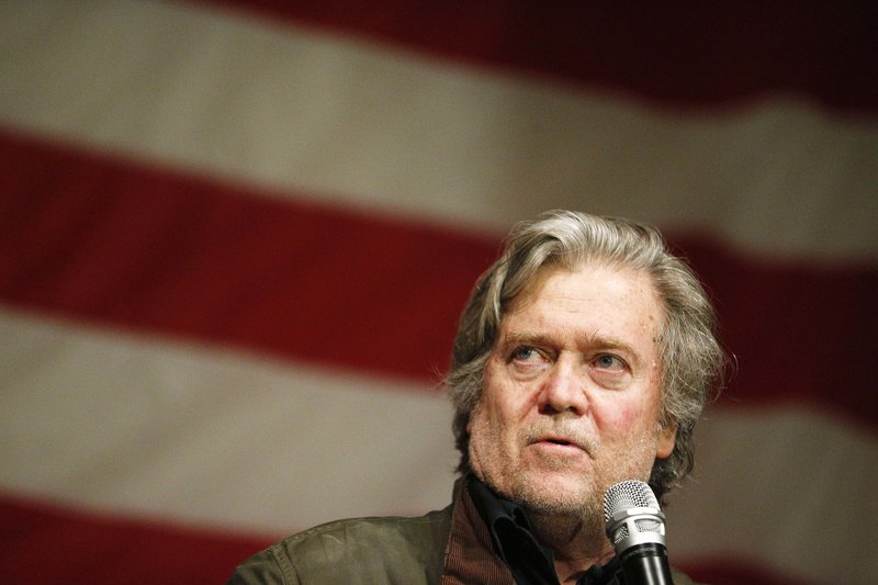 The Associated Press BANNON SPEAKS: In this Dec. 5, 2017, photo, former White House strategist Steve Bannon speaks during a Senate hopeful Roy Moore campaign rally in Fairhope Ala. The House Intelligence Committee is poised to question Bannon, the onetime confidant to President Donald Trump, following his spectacular fall from power after accusing the president's son and others of "treasonous" behavior for taking a meeting with Russians during the 2016 campaign. Bannon is scheduled to testify before the panel on Tuesday according to a person familiar with the committee's plans.