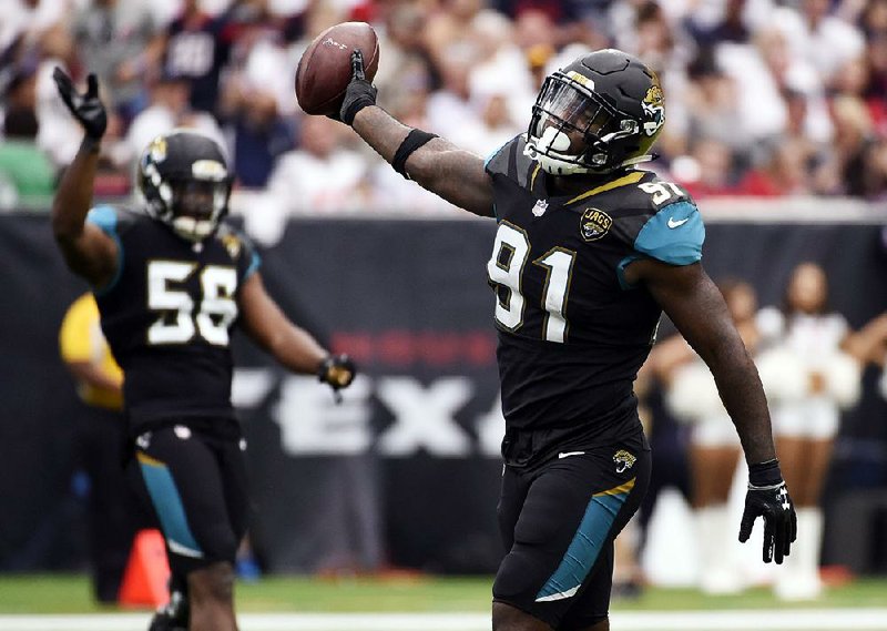 Jacksonville Jaguars defensive end Yannick Ngakoue (91) led the NFL with six forced fumbles during the regular season to go along with 12 sacks.