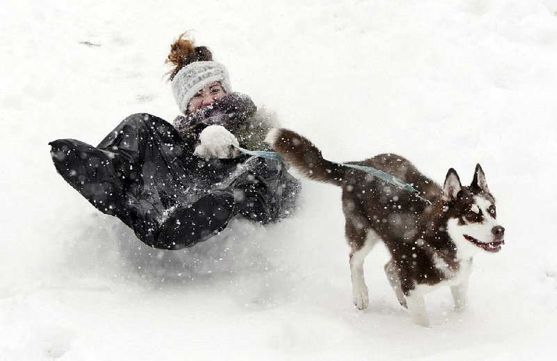 Frannie Ohnimus, 14, repurposes a garbage bag as a downhill sled Wednesday in Winston-Salem, N.C., pulled by her Siberian husky Chief. 