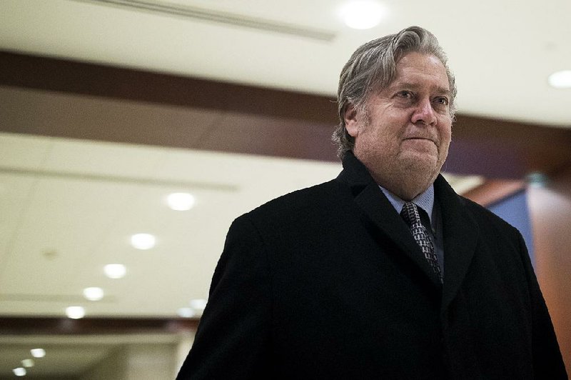 Former White House chief strategist Steve Bannon leaves Capitol Hill on Tuesday after testifying in private before the House Intelligence Committee, with phone-linked advice from the White House counsel on whether to answer questions. 